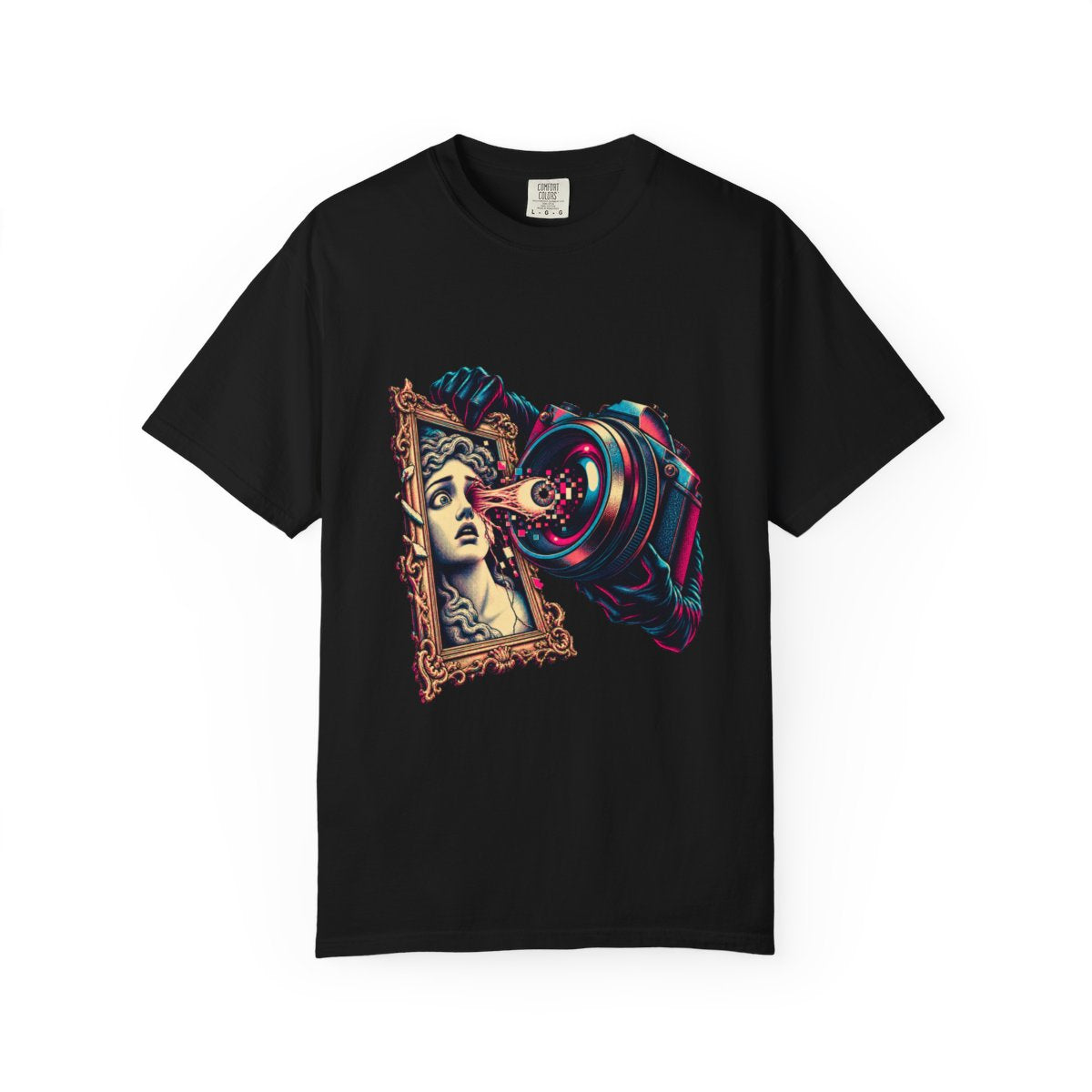 Camera Theft Tee large front print on a Black Comfort Colors 1717 tee
