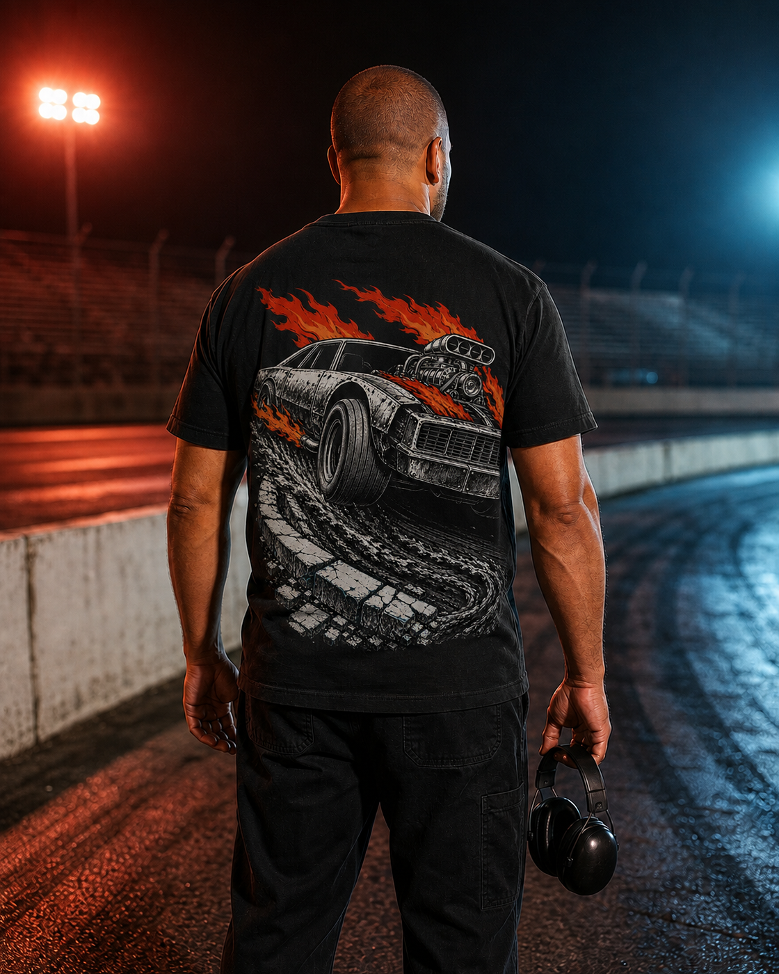 Model wearing Redline Furnace back print at a floodlit short-track pit wall