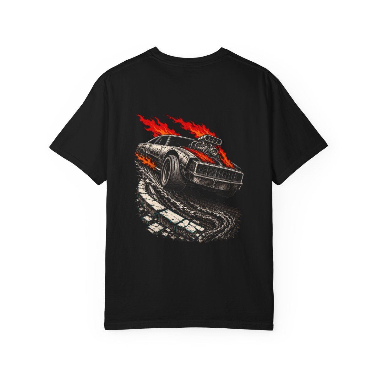 Back of Black Comfort Colors 1717 tee with Redline Furnace doom-metal stock car print