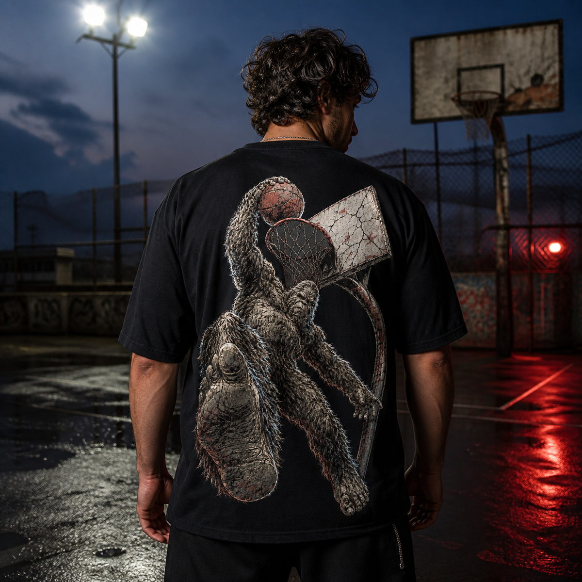 Model wearing the Bigfoot Rim Wrecker back-print tee on a rain-soaked urban basketball court