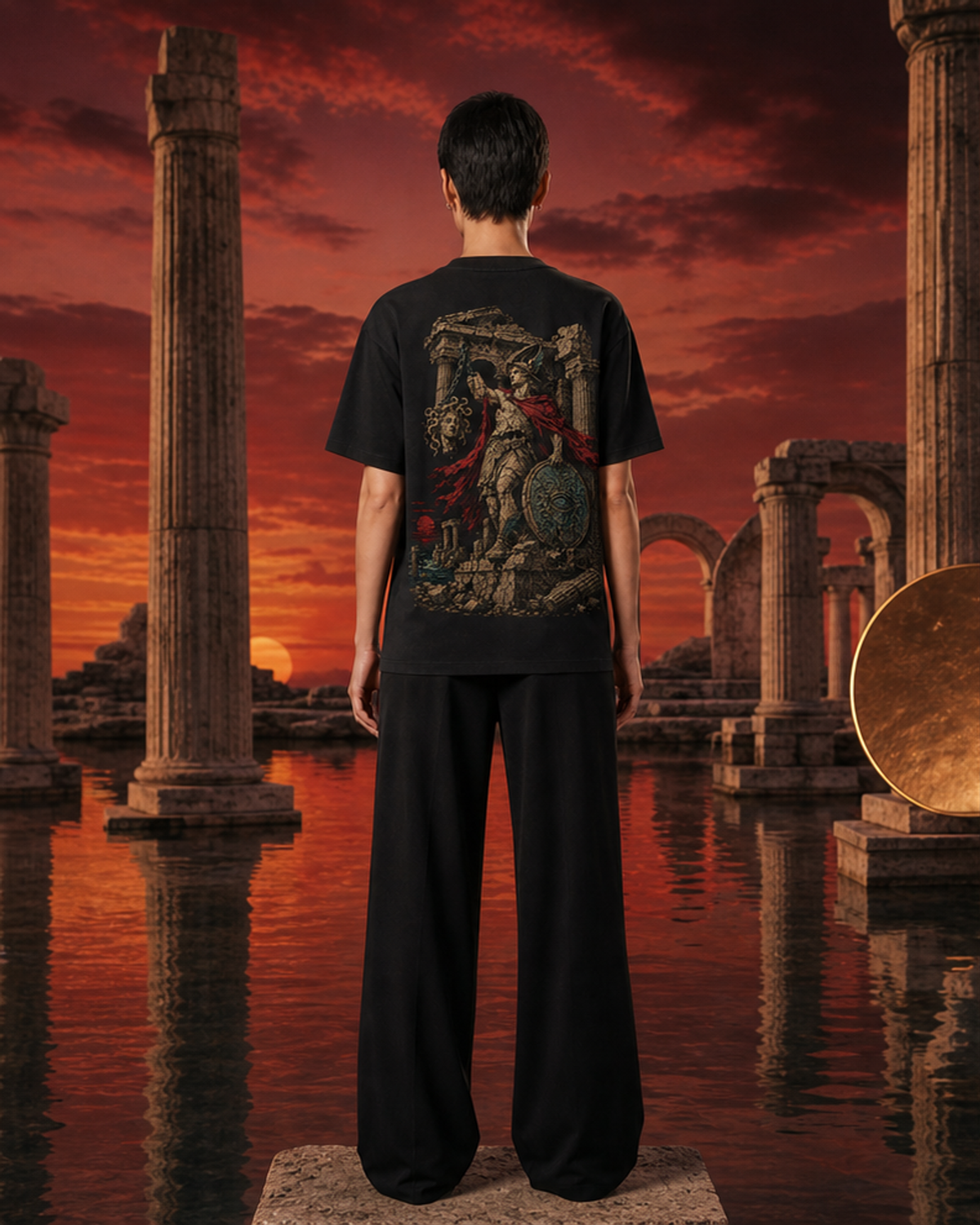 Model viewed from behind in a flooded ruin wearing The Gorgon's Witness Perseus back-print tee. ImageGen integrated production-scale back view.