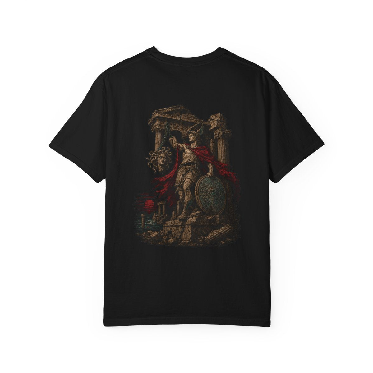 Back of a Black Comfort Colors 1717 tee featuring the The Gorgon's Witness Perseus artwork.