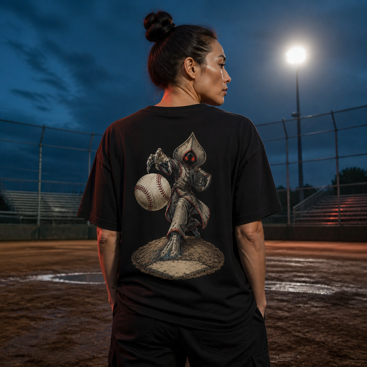 Model wearing the Flatwoods Fastball Phantom back-print tee on an isolated baseball diamond at blue hour
