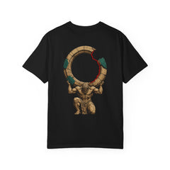 Back of a Black Comfort Colors 1717 tee featuring the Atlas of Absence titan and broken-ring artwork.