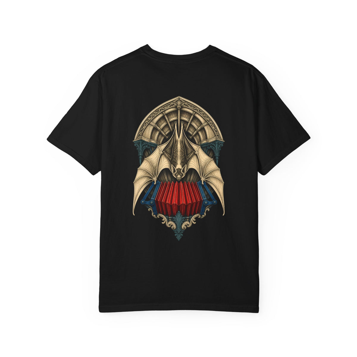 Bat Bellows Vault Back Print Tee — back view showing the main artwork.