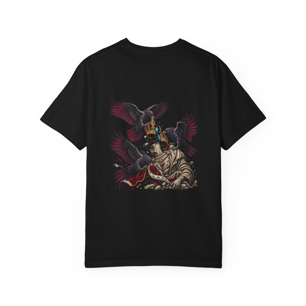 Raven Coronation Riot Back Print Tee — back view showing the main artwork.