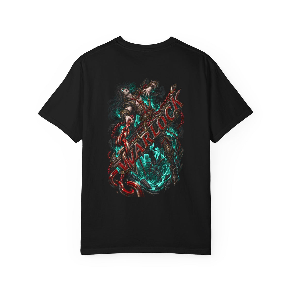 Chainbound Warlock Back Print Tee — back view showing the main artwork.