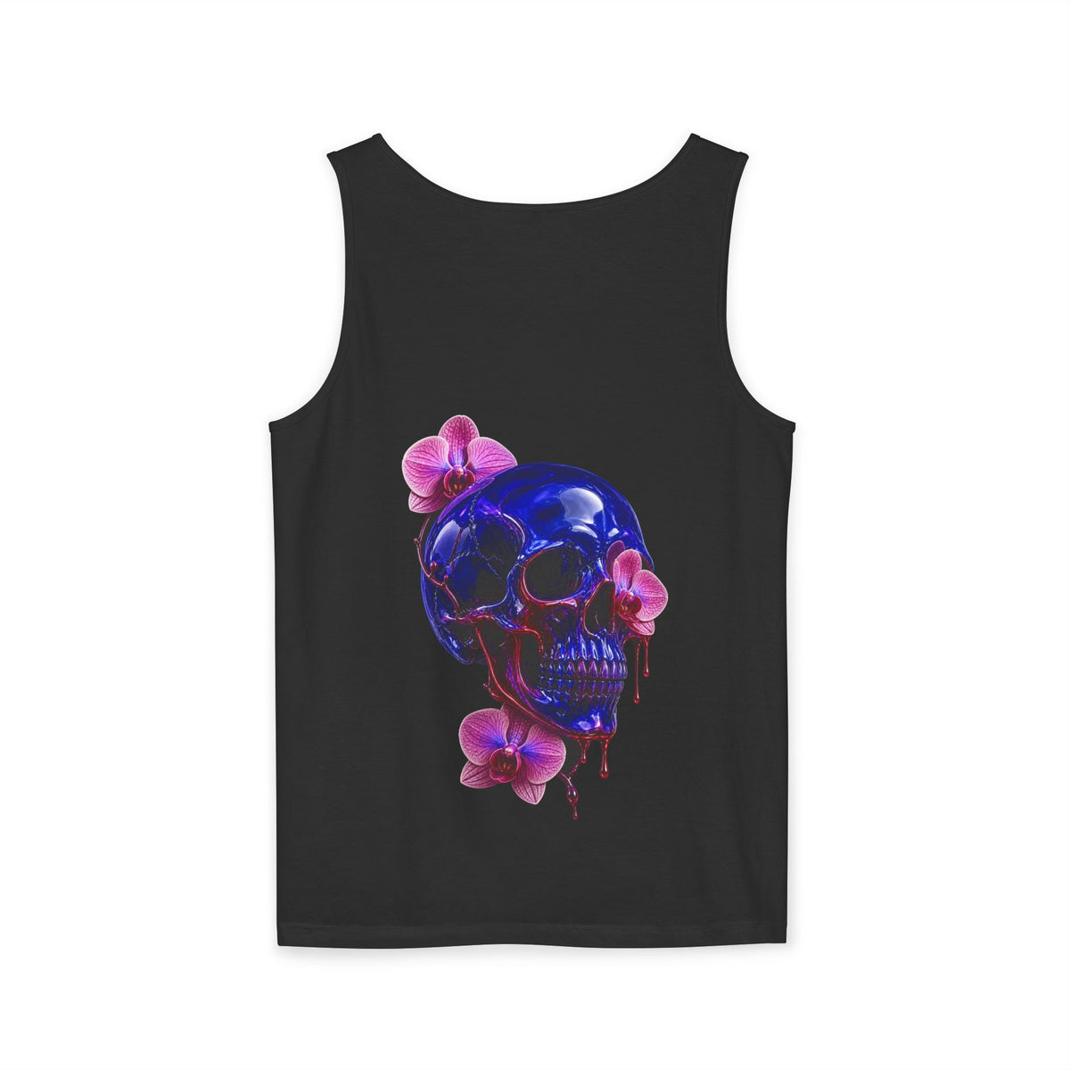 Orchid Afterlife Garment-Dyed Tank — back view showing the main artwork.