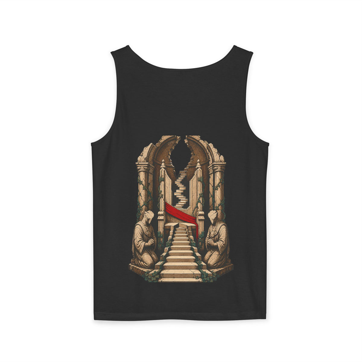Throne of No One Garment-Dyed Tank — back view showing the main artwork.