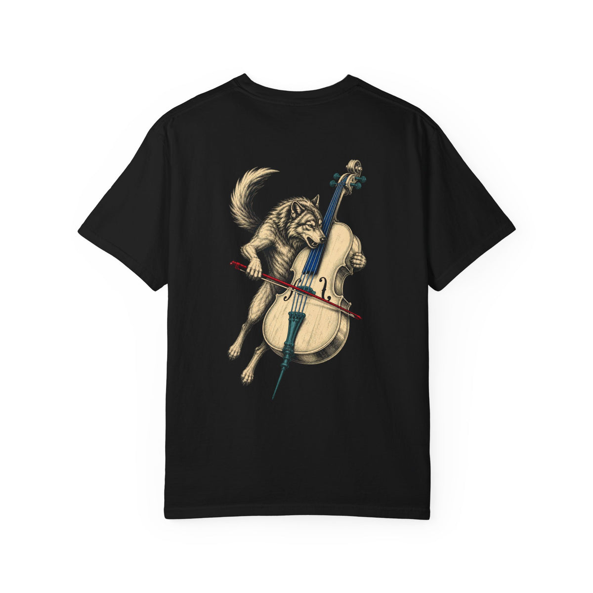 Wolf Cello Requiem Back Print Tee — back view showing the main artwork.
