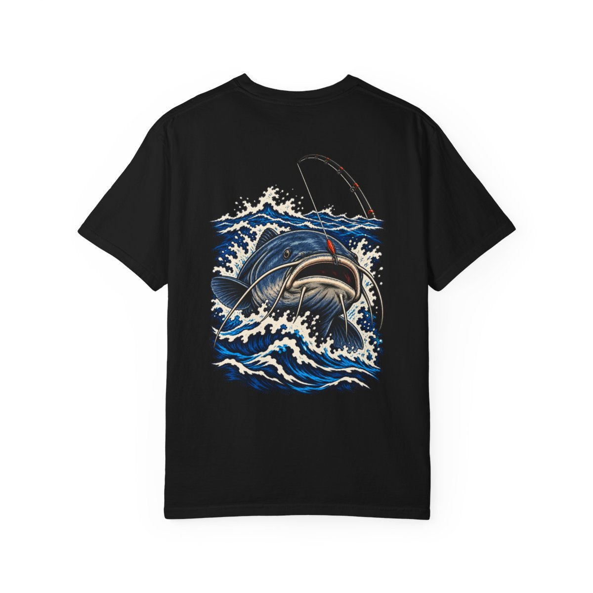 Catfish Thunder Back Print Tee — large fishing artwork on the back of Black Comfort Colors 1717