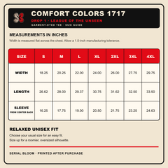 Drop 1 League of the Unseen Comfort Colors 1717 size guide from S through 4XL
