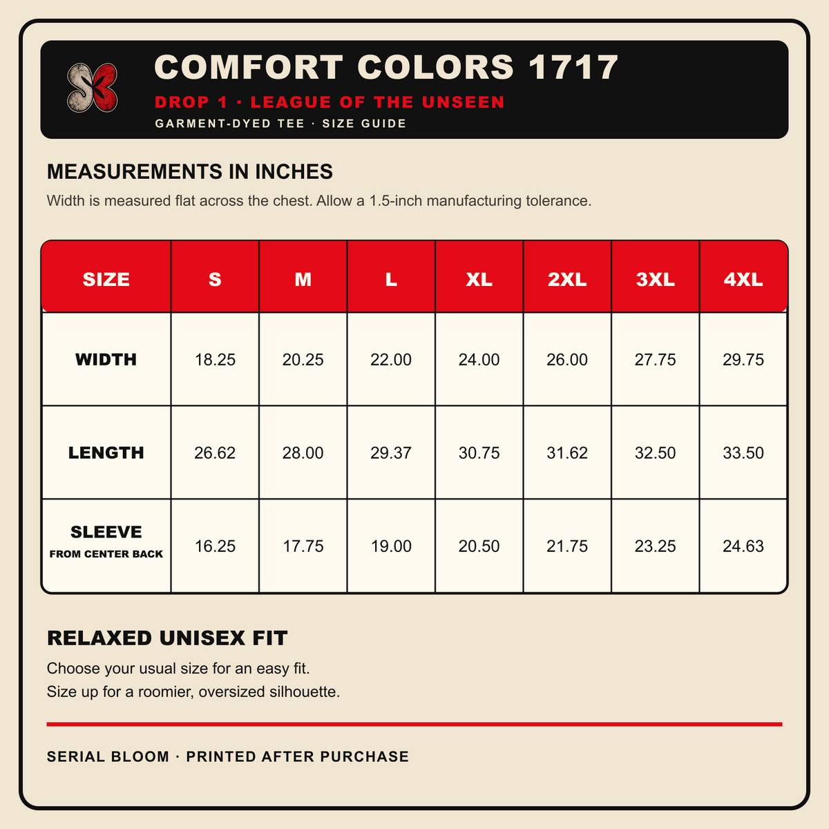 Drop 1 League of the Unseen Comfort Colors 1717 size guide from S through 4XL