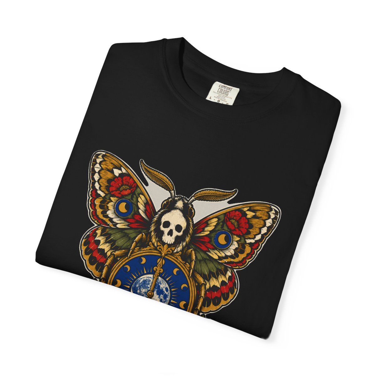 Moth Clock Strikes Midnight Front Print Tee folded front print detail