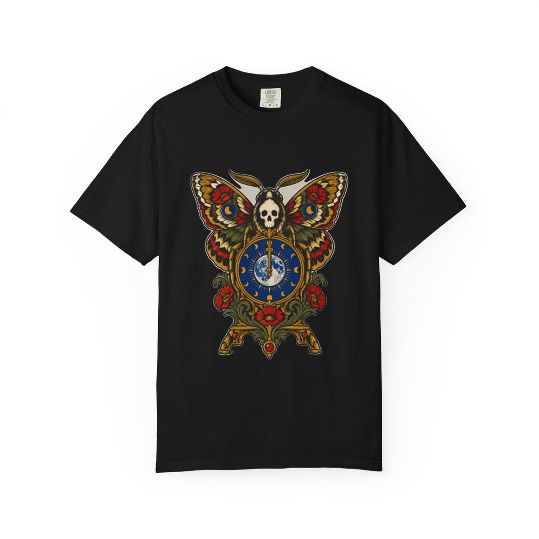 Moth Clock Strikes Midnight Front Print Tee