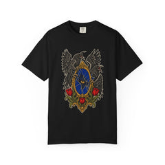 The Raven Mirror Remembers Front Print Tee large front print on a Black Comfort Colors 1717 tee