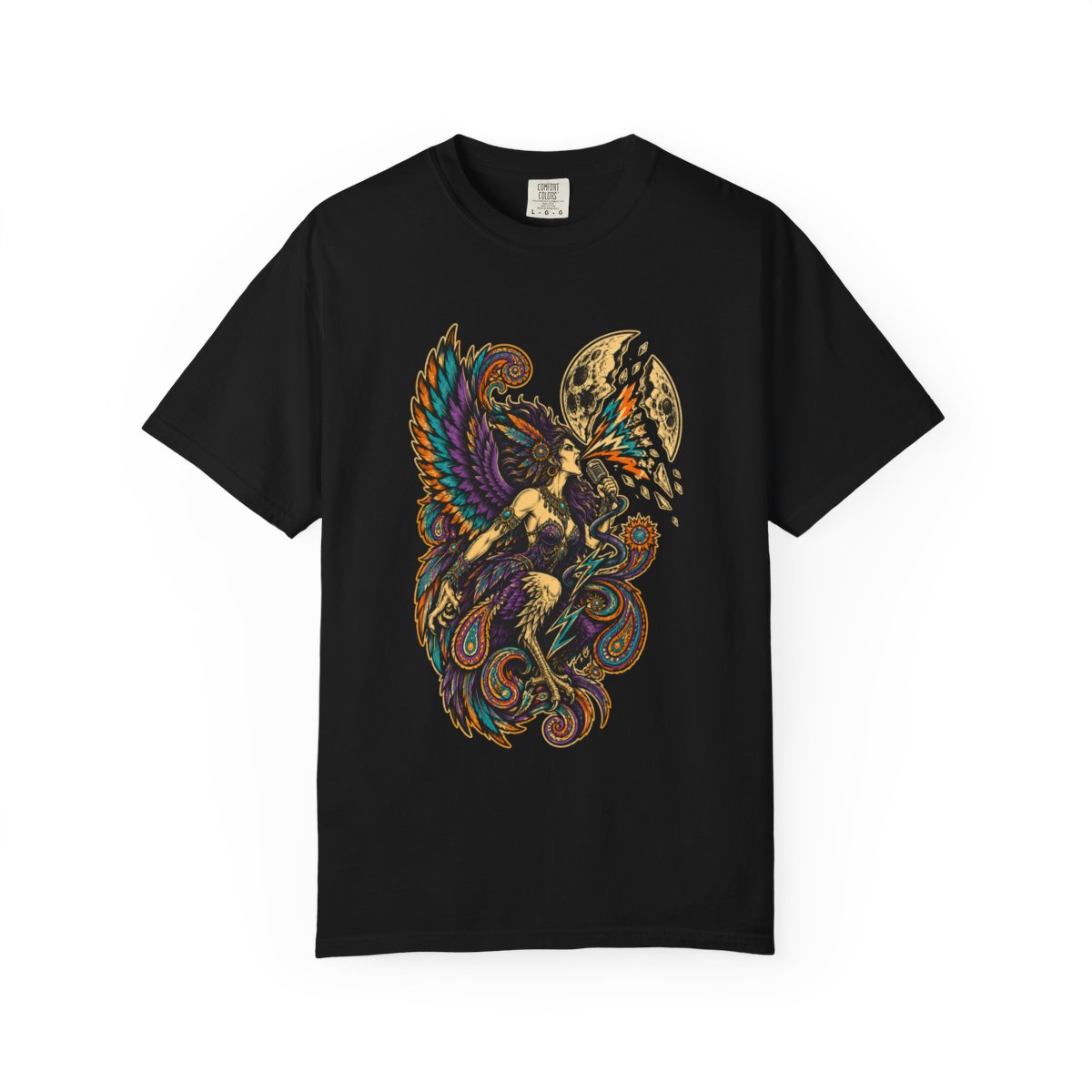 Harpy Tears Open the Moon Front Print Tee large front print on a Black Comfort Colors 1717 tee