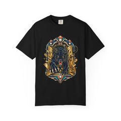 Panther Steps Through the Elevator Front Print Tee large front print on a Black Comfort Colors 1717 tee