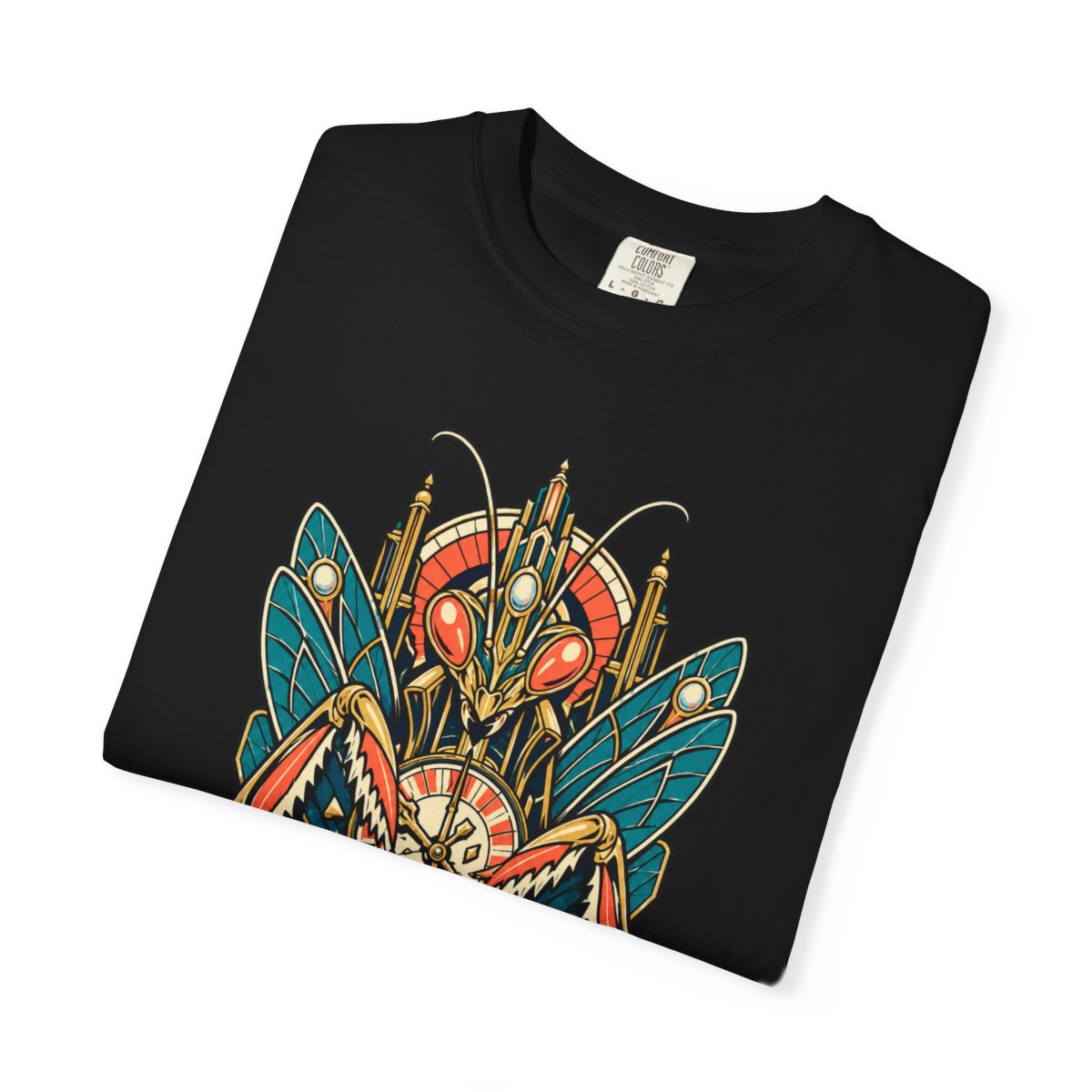 The Clocktower Grows Claws Front Print Tee folded front print detail