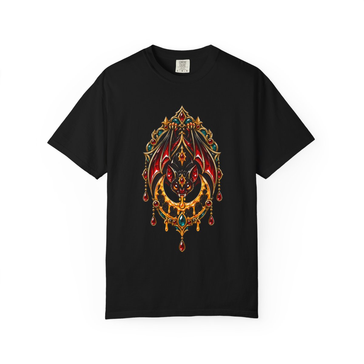 The Bat Drinks the Eclipse Front Print Tee large front print on a Black Comfort Colors 1717 tee