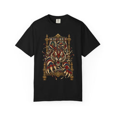 The Loom Weaves the Tiger Alive Front Print Tee large front print on a Black Comfort Colors 1717 tee