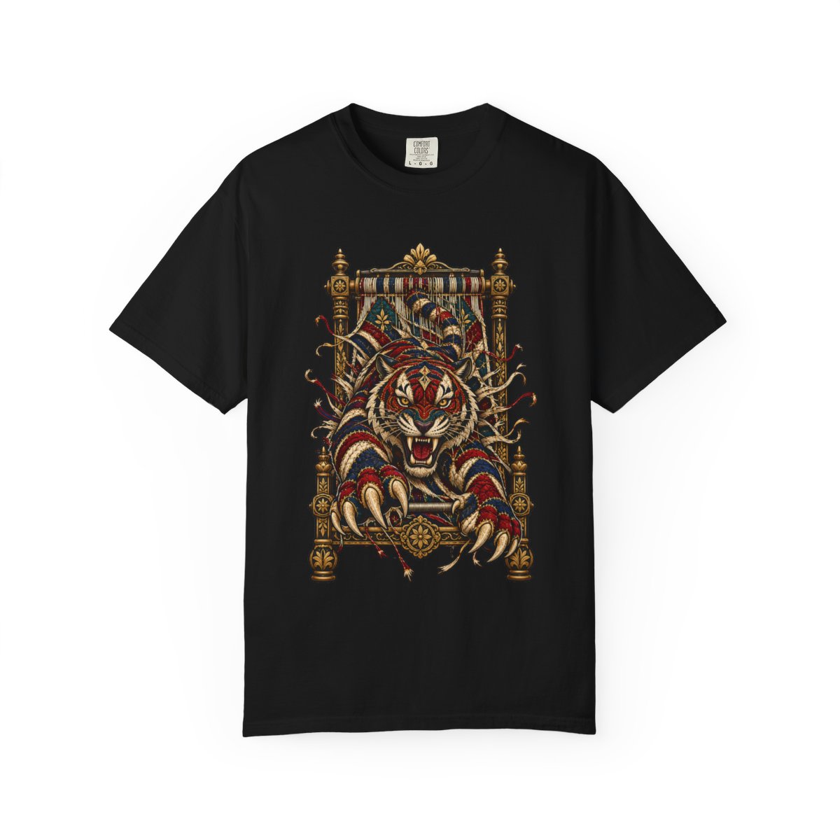 The Loom Weaves the Tiger Alive Front Print Tee large front print on a Black Comfort Colors 1717 tee