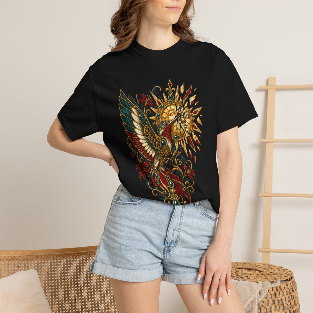 Hummingbird Pierces the Brass Sun Front Print Tee
