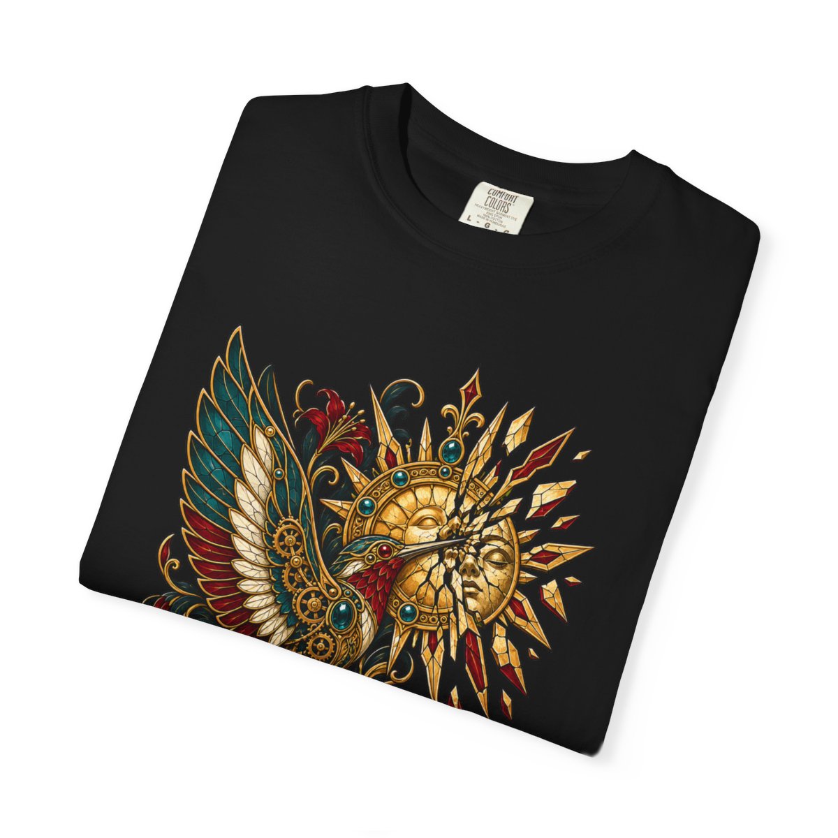 Hummingbird Pierces the Brass Sun Front Print Tee folded front print detail