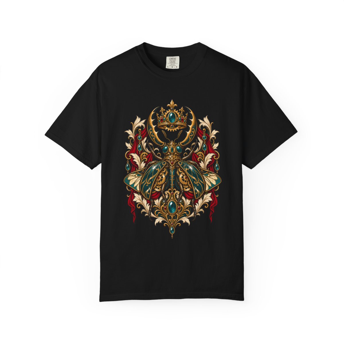 Stag Beetle Carries the Crown Gear Front Print Tee large front print on a Black Comfort Colors 1717 tee