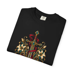 Sword Blooms Through the Music Box Front Print Tee folded front print detail