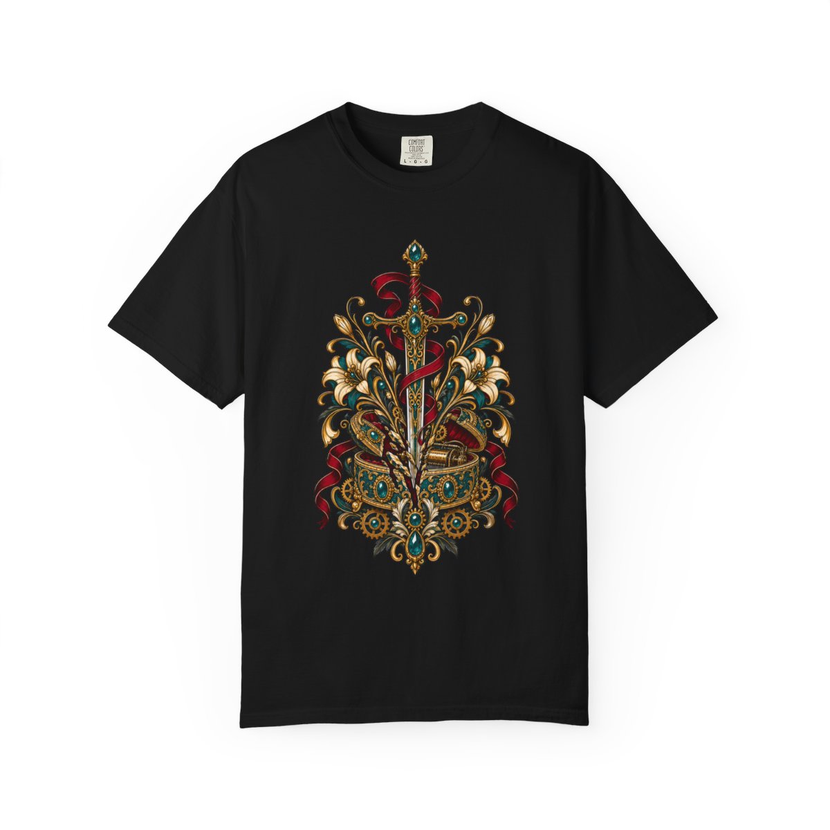 Sword Blooms Through the Music Box Front Print Tee large front print on a Black Comfort Colors 1717 tee