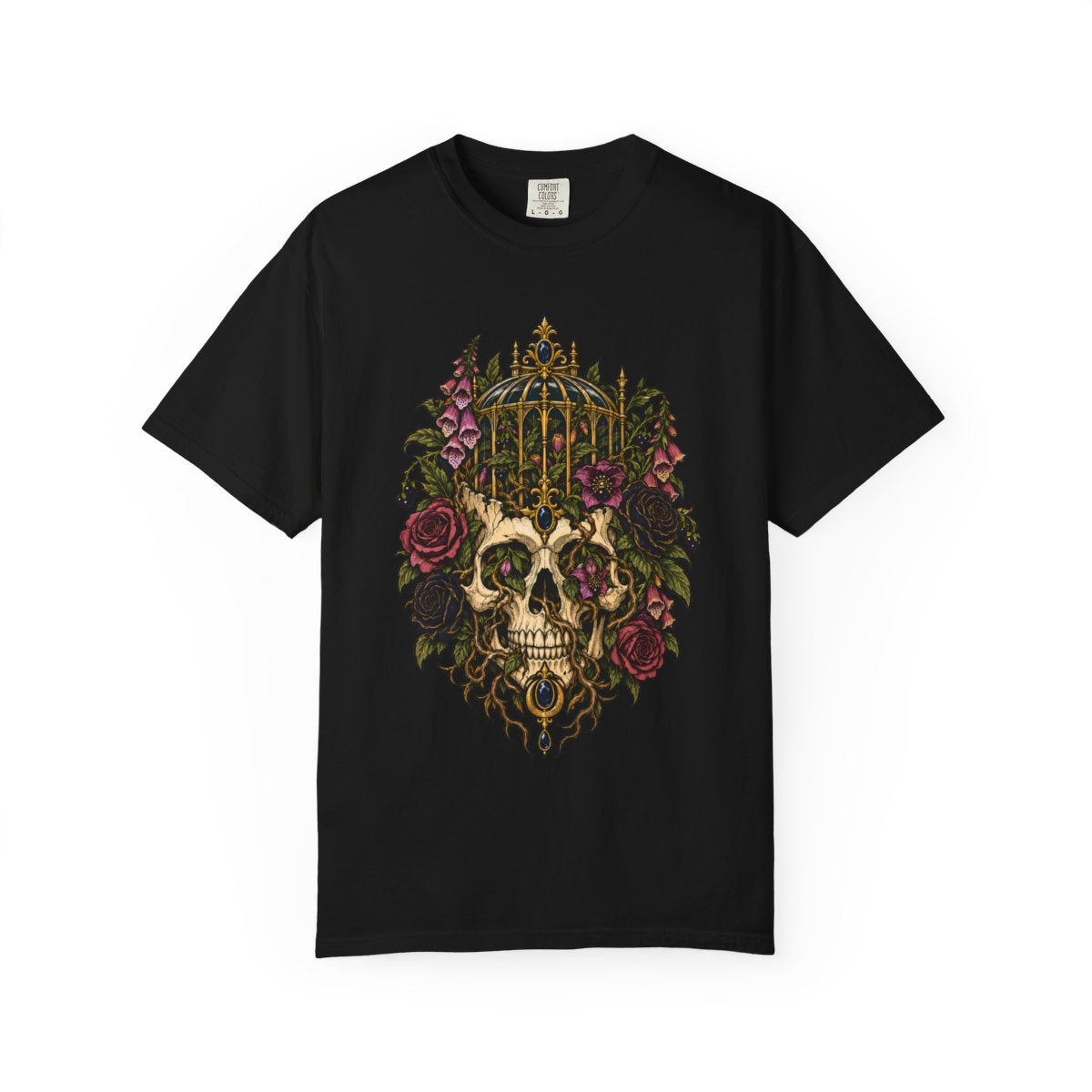 A Garden Grows Through the Skull Front Print Tee large front print on a Black Comfort Colors 1717 tee