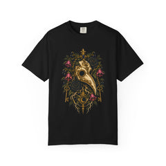 Nightshade Wears the Plague Mask Front Print Tee large front print on a Black Comfort Colors 1717 tee