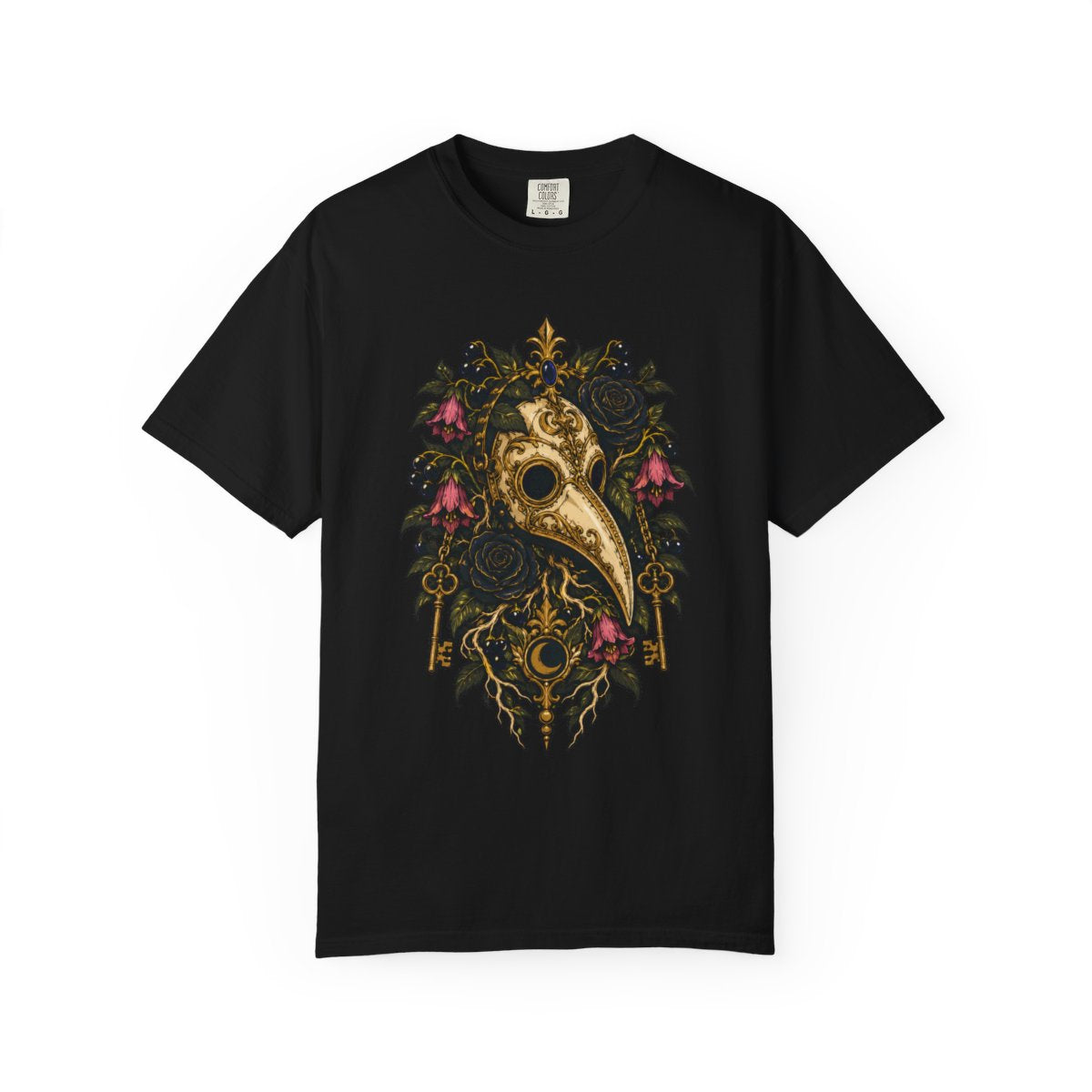 Nightshade Wears the Plague Mask Front Print Tee large front print on a Black Comfort Colors 1717 tee