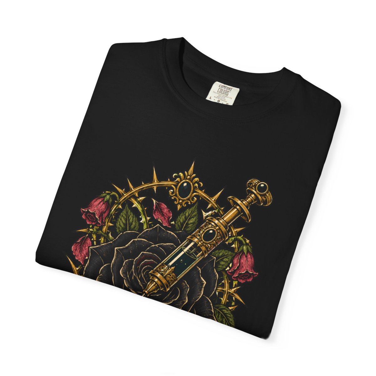 The Black Rose Takes the Needle Front Print Tee folded front print detail
