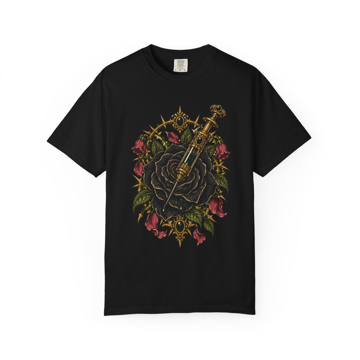 The Black Rose Takes the Needle Front Print Tee large front print on a Black Comfort Colors 1717 tee