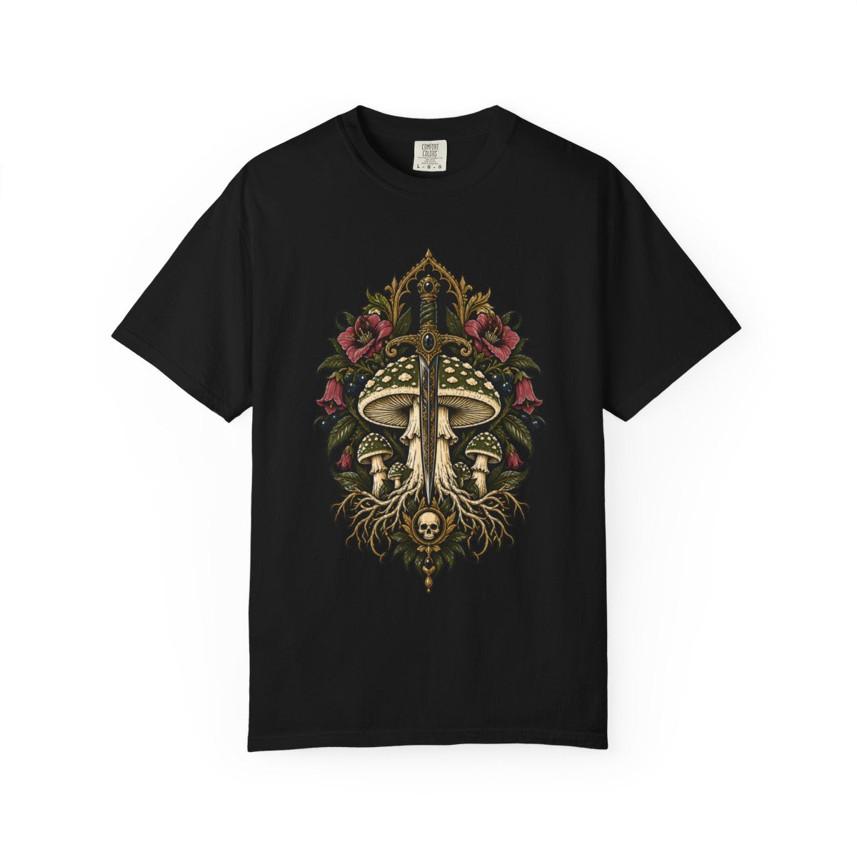 The Deathcap Draws the Dagger Front Print Tee large front print on a Black Comfort Colors 1717 tee