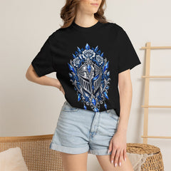 Roses Grow Inside the Frozen Helm Front Print Tee worn Printify context view on a Black Comfort Colors 1717 tee