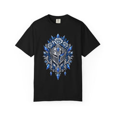 Roses Grow Inside the Frozen Helm Front Print Tee large front print on a Black Comfort Colors 1717 tee