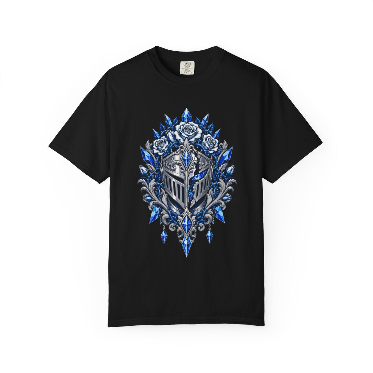 Roses Grow Inside the Frozen Helm Front Print Tee large front print on a Black Comfort Colors 1717 tee