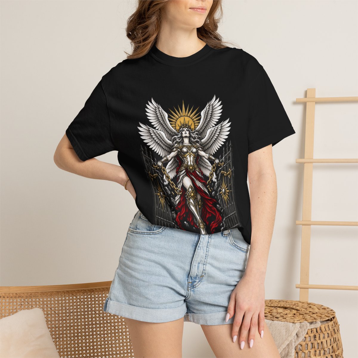 Seraph Tears Open the Iron Gate Front Print Tee worn Printify context view on a Black Comfort Colors 1717 tee