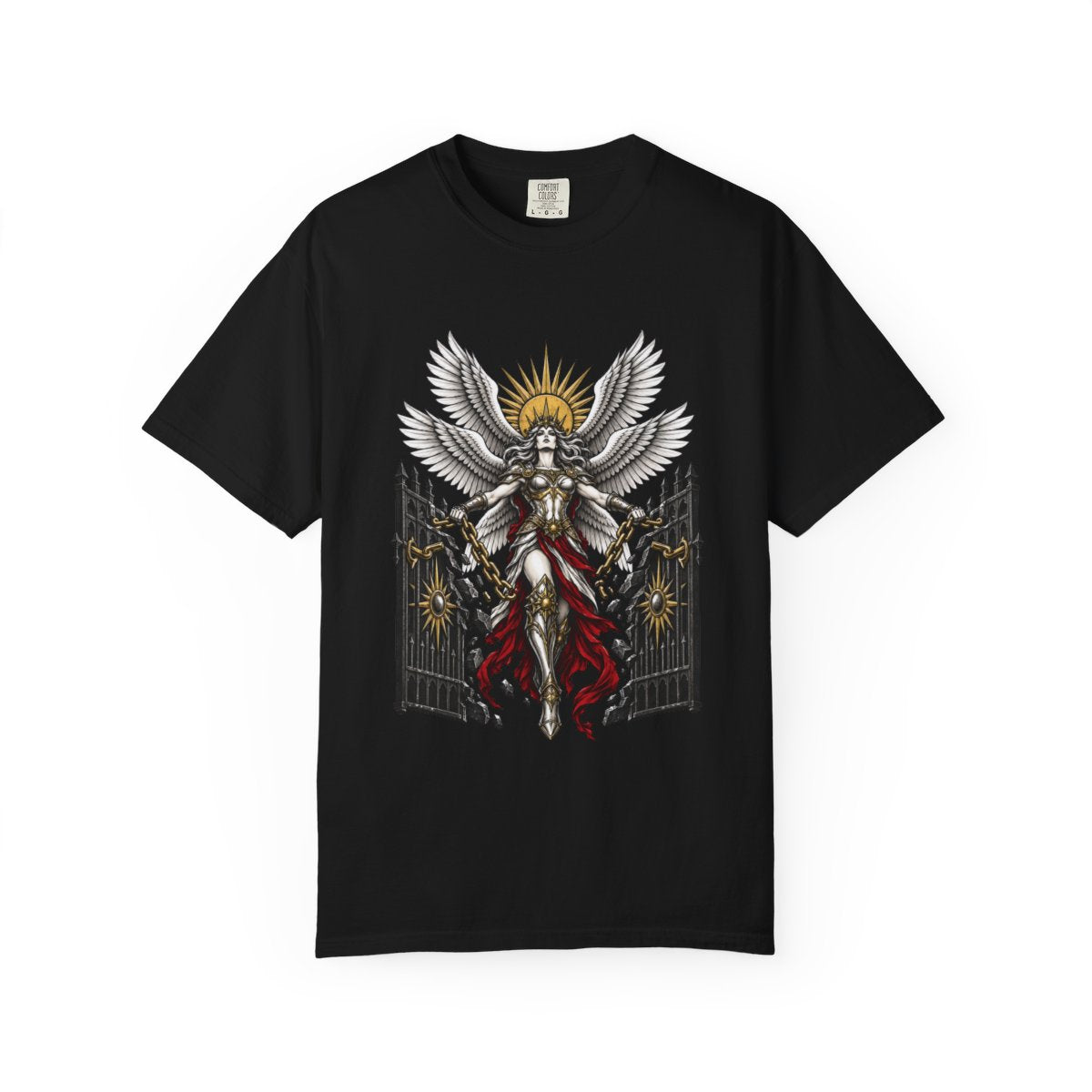 Seraph Tears Open the Iron Gate Front Print Tee large front print on a Black Comfort Colors 1717 tee