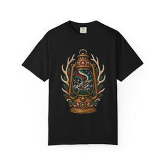 The Lantern Captures the Aurora Front Print Tee large front print on a Black Comfort Colors 1717 tee