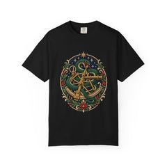 The Serpent Knots the Sextant Front Print Tee large front print on a Black Comfort Colors 1717 tee