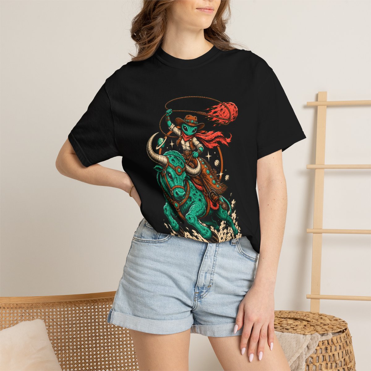 Comet Wrangler Tee worn Printify context view on a Black Comfort Colors 1717 tee