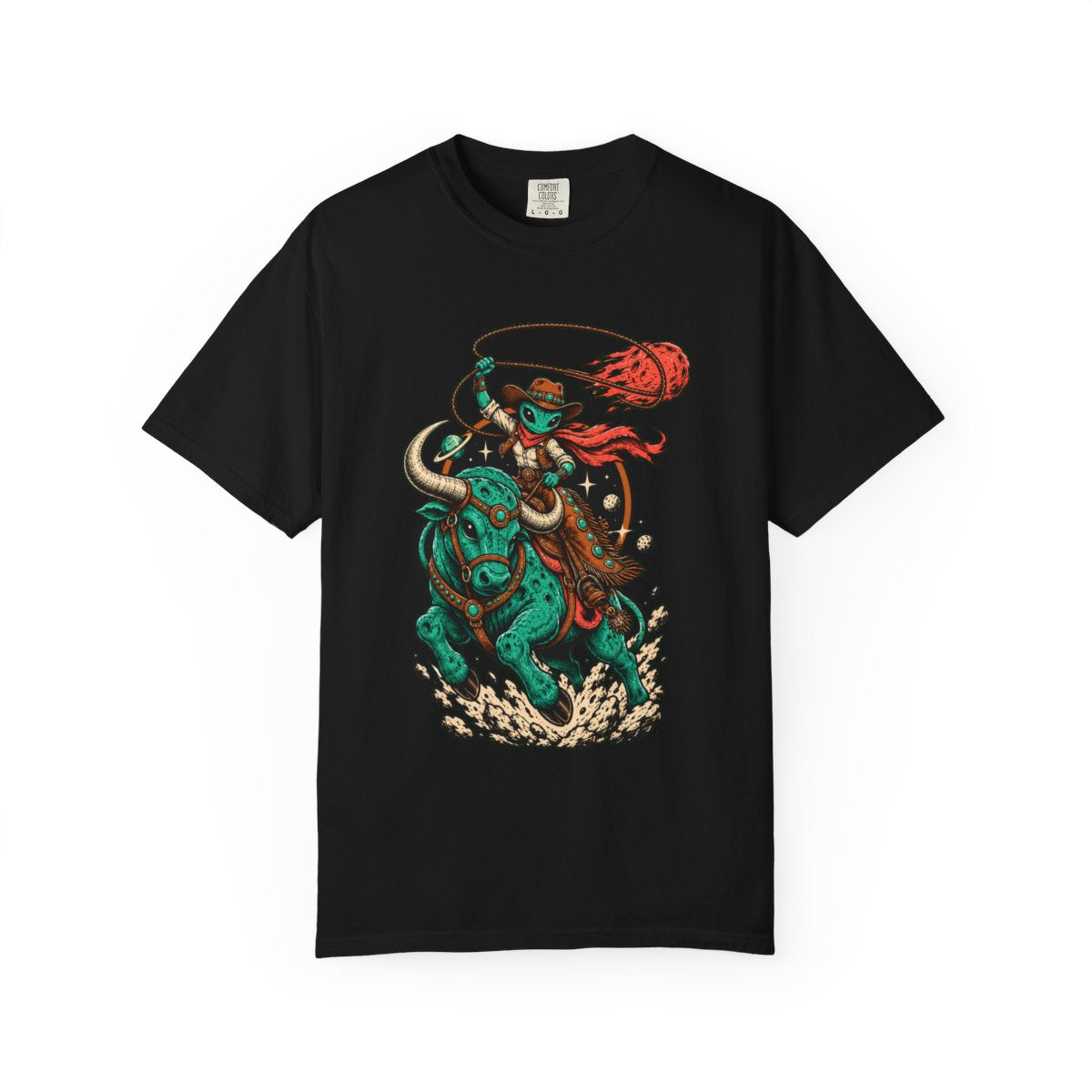 Comet Wrangler Tee large front print on a Black Comfort Colors 1717 tee