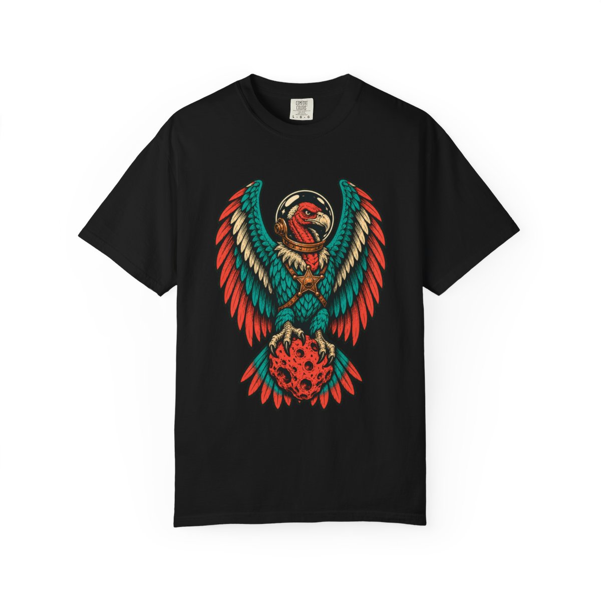 Star Vulture Tee large front print on a Black Comfort Colors 1717 tee