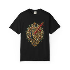 Meteor Peacock Tee large front print on a Black Comfort Colors 1717 tee
