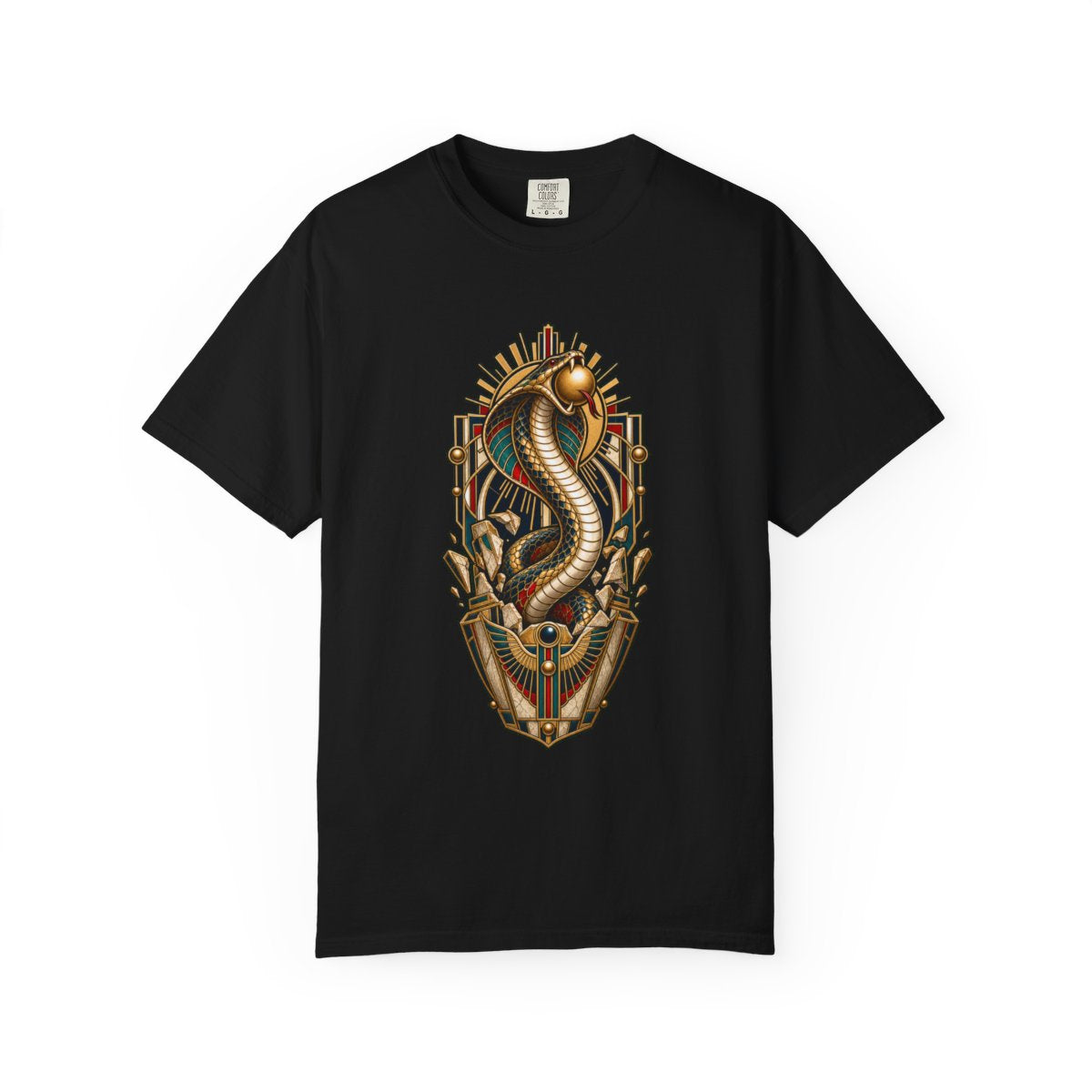 Pharaoh Cobra Tee large front print on a Black Comfort Colors 1717 tee