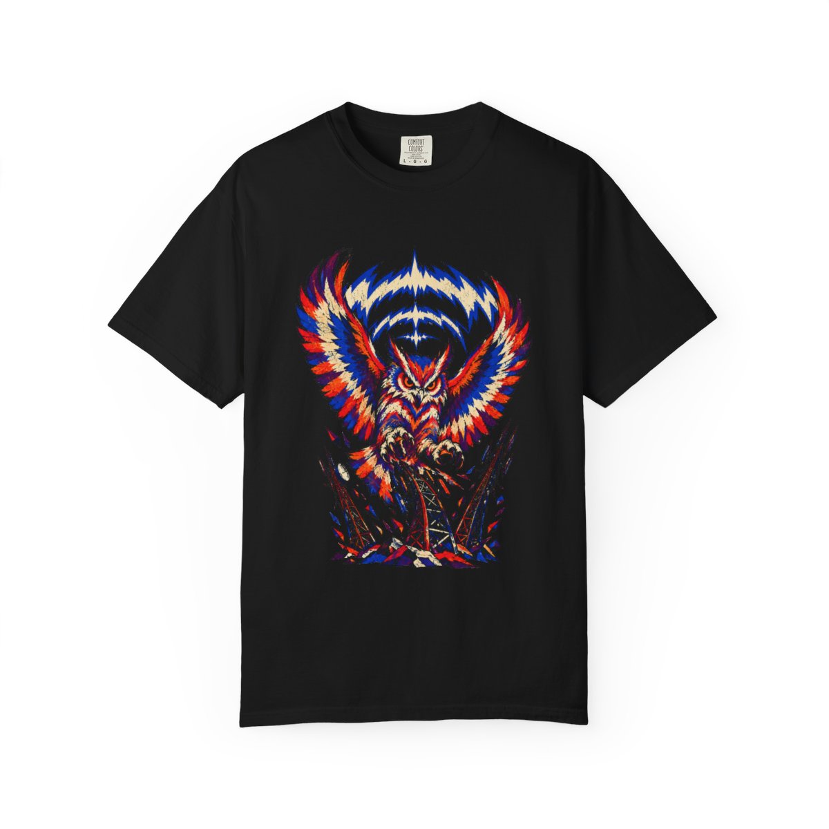 Ghostwave Owl Tee large front print on a Black Comfort Colors 1717 tee